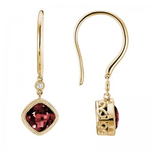 14K YELLOW GOLD DROP EARRINGS 5.5MM (1.70CTTW) CUSHION CUT BEZEL GARNETS WITH A .02CTTW ROUND DIAMOND ACCENT ON WIRES