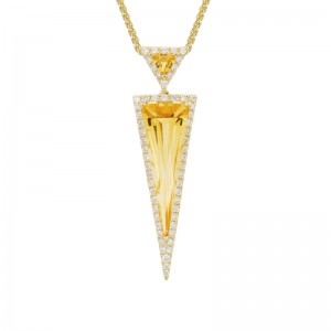 14K YELLOW GOLD DOUBE TRIANGLE PENDANT WITH 2.38CTTW CITRINES AND .30CTTW ROUND SI CLARITY & GH COLOR DIAMONDS SET IN THE HALO AND BAIL ON AN 18" DIAMOND CUT WHEAT CHAIN
