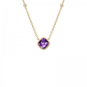 14K YELLOW GOLD 16/17/18" CABLE CHAIN WITH A 6MM SQUARE BEZEL SET AMETHYST PENDANT WITH .03CTTW ROUND BEZEL SET DIAMONDS IN THE CHAIN