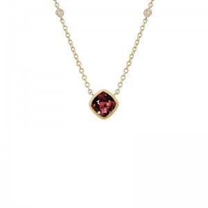 14K YELLOW GOLD 16/17/18" CABLE CHAIN WITH A 6MM SQUARE BEZEL SET GARNET PENDANT WITH .03CTTW ROUND BEZEL SET DIAMONDS IN THE CHAIN