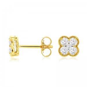 14K YELLOW GOLD CLOVER SHAPE POST EARRINGS WITH .50CTTW ROUND I1 CLARITY & HI COLOR DIAMONDS