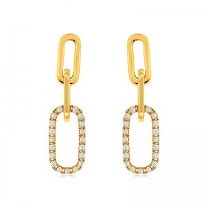 14K YELLOW GOLD PAPERCLIP DROP EARRINGS WITH .20CTTW ROUND I1 CLARITY & HI COLOR DIAMONDS SET IN THE BOTTOM LINK