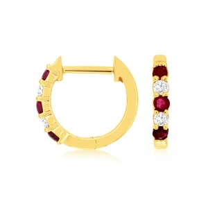 14K YELLOW GOLD SMALL HOOP EARRINGS WITH .10CTTW ROUND I1 CLARITY & HI COLOR DIAMONDS AND .15CTTW ROUND RUBIES