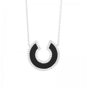 14K WHITE GOLD HORSESHOE SHAPE ONYX PENDANT WITH .20CTTW ROUND SI CLARITY & GH COLOR DIMONDS ON  17/18" CABLE CHAIN