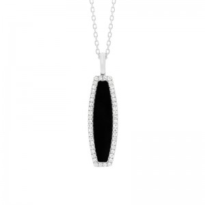 14K WHITE GOLD ELONGATED ONYX PENDANT WITH .12CTTW ROUND SI CLARITY & GH COLOR DIAMONDS SET ON THE EDGE ON A 17/18" CABLE CHAIN