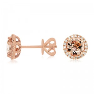 14K ROSE GOLD POST EARRINGS WITH 1.45CTTW ROUND MORGANITE AND .16CTTW ROUND I1 CLARITY & HI COLOR DIAMONDS SET IN THE HALOS