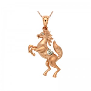 14K ROSE GOLD SATIN FINISH JUMPING HORSE PENDANT WITH .03CTTW ROUND I1 CLARITY & HI COLOR  DIAMONDS ON AN 18" PENDANT CHAIN