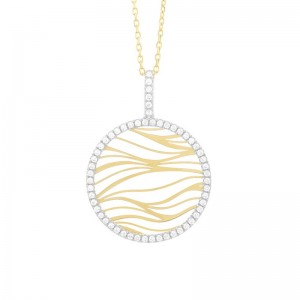 14K YELLOW GOLD ROUND WAVE PENDANT WITH .30CTTW ROUND SI CLARITY & GH COLOR DIAMONDS SET IN THE HALO AND BAIL ON A 16/17/18" YELLOW GOLD CABLE CHAIN