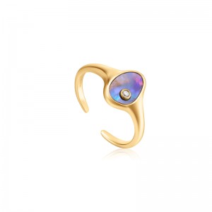 ANIA HAIE 14K GOLD PLATED ON STERLING SILVER TIDAL ABALONE ADJUSTABLE SIGNET RING WITH CZ