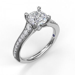 14K WHITE GOLD FIVE PRONG SEMI MOUNTING WITH .32CTTW ROUND SI CLARITY & G COLOR DIAMONDS SET IN THE GRADUATED MILGRAIN SIDES AND UNDER THE HEAD (FOR A 1.5CT PEAR)