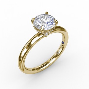 14K YELLOW GOLD .06CTTW F/G COLOR SI/VS CLARITY DIAMOND ENGAGEMENT SEMI MOUNT WITH HIDDEN HALO AND DIAMOND PEEK-A-BOOS,  FOR A 1.20CT PEAR SHAPED CENTER. SIZE 4.