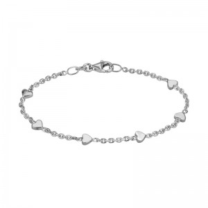STERLING SILVER (RHODIUM PLATED) 7" CABLE BRACELET WITH STATIONARY 5MM HEARTS