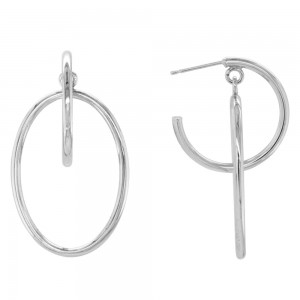 STERLING SILVER (RHODIUM PLATED) ROUND TOP WITH DANGLE OVAL DROP POST EARRINGS