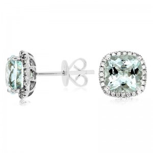 14K WHITE GOLD POST EARRINGS WITH 3.80CTTW SQUARE CUSHION AQUAMARINES AND .21CTTW ROUND I1 CLARITY & HI COLOR DIAMONDS SET IN THE HALOS