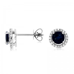 14K WHITE GOLD POST EARRINGS WITH 1.10CTTW ROUND SAPPHIRES AND .15CTTW ROUND I1 CLARITY & HI COLOR DIAMONDS SET IN THE HALOS