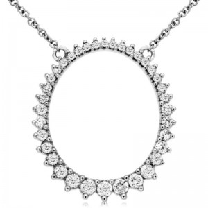 14K WHITE GOLD ELONGATED OPEN CIRCLE PENDANT WITH .52CTTW ROUND I1 CLARITY & HI COLOR DIAMONDS ON AN 18" CABLE CHAIN