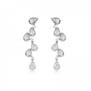14K WHITE GOLD POST DROP EARRINGS WITH .62CTTW ROUND I1 CLARITY & HI COLOR DIAMONDS SET IN MILGRAIN PEAR SHAPE SETTINGS