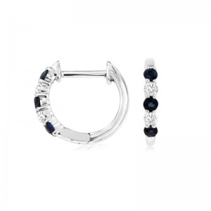 14K WHITE GOLD SMALL HOOP EARRINGS WITH .10CTTW ROUND I1 CLARITY & HI COLOR DIAMONDS ALTERNATING WITH .15CTTW ROUND SAPPHIRES