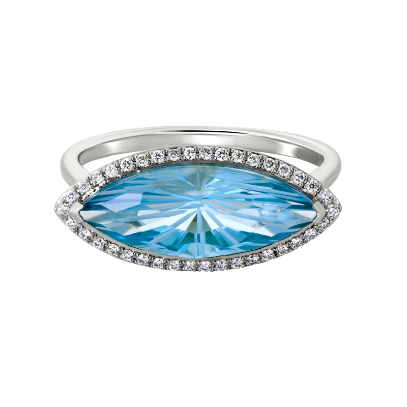 14K WHITE GOLD 3.19CT MARQUISE BLUE TOPAZ RING WITH .10CTTW ROUND SI CLARITY & GH COLOR DIAMONDS SET IN THE HALO