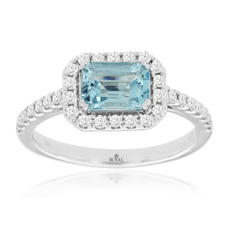 14K WHITE GOLD .87CT EMERALD CUT AQUAMARINE RING WITH .33CTTW ROUND I1 CLARITY & HI COLOR DIAMONDS SET IN THE HALO AND DOWN THE SHANK