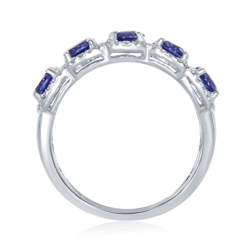14K White Gold 5-Stone Sapphire Diamond Halo Gemstone Ring