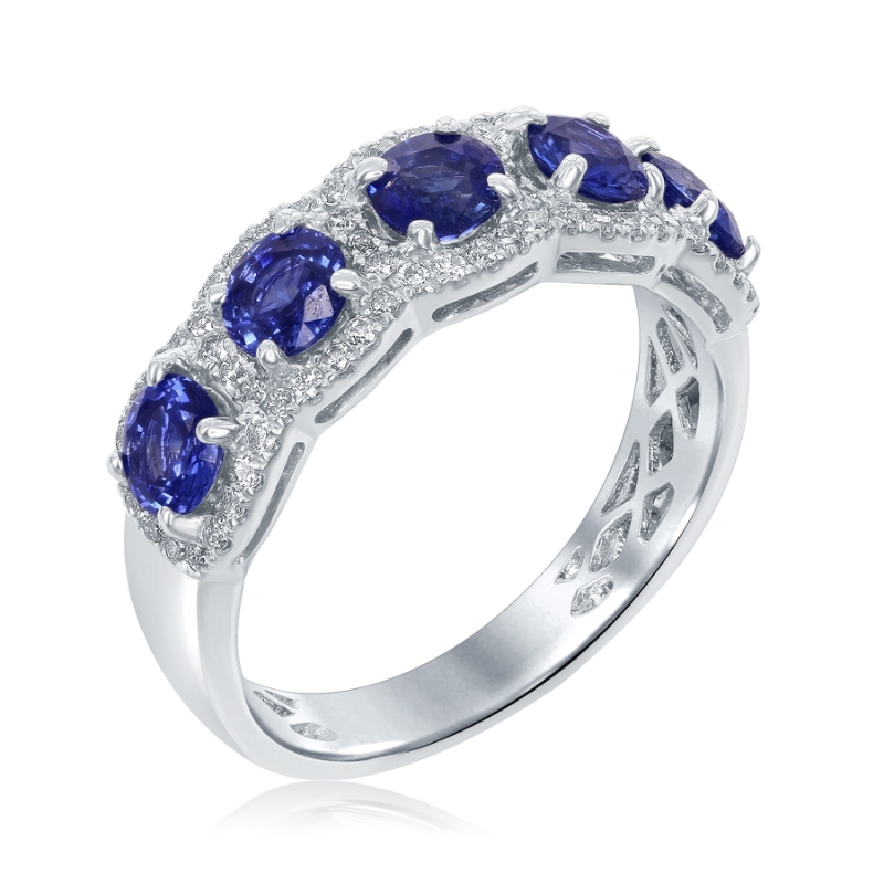 14K White Gold 5-Stone Sapphire Diamond Halo Gemstone Ring