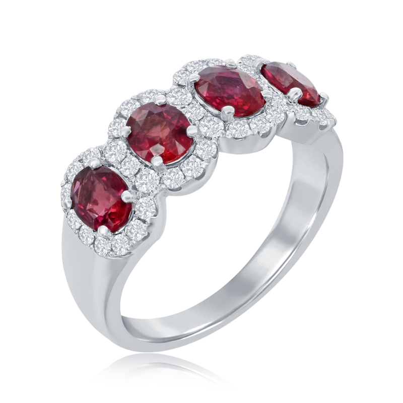 14K White Gold Four Stone Halo Gemstone Ring