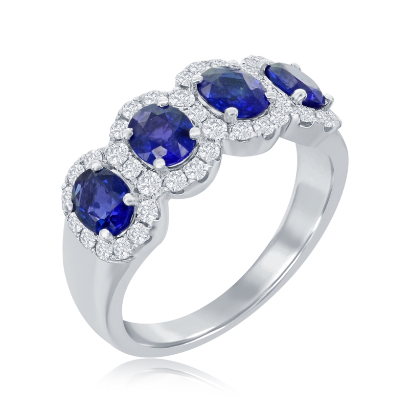 14K White Gold Four Stone Halo Gemstone Ring