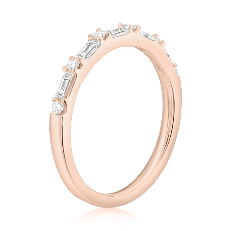 14K Rose Gold Alternating Baguette and Round Diamond Band