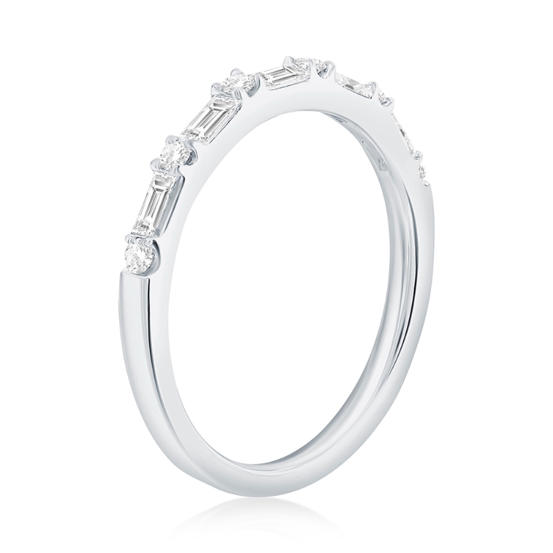 14K White Gold Alternating Baguette and Round Diamond Band