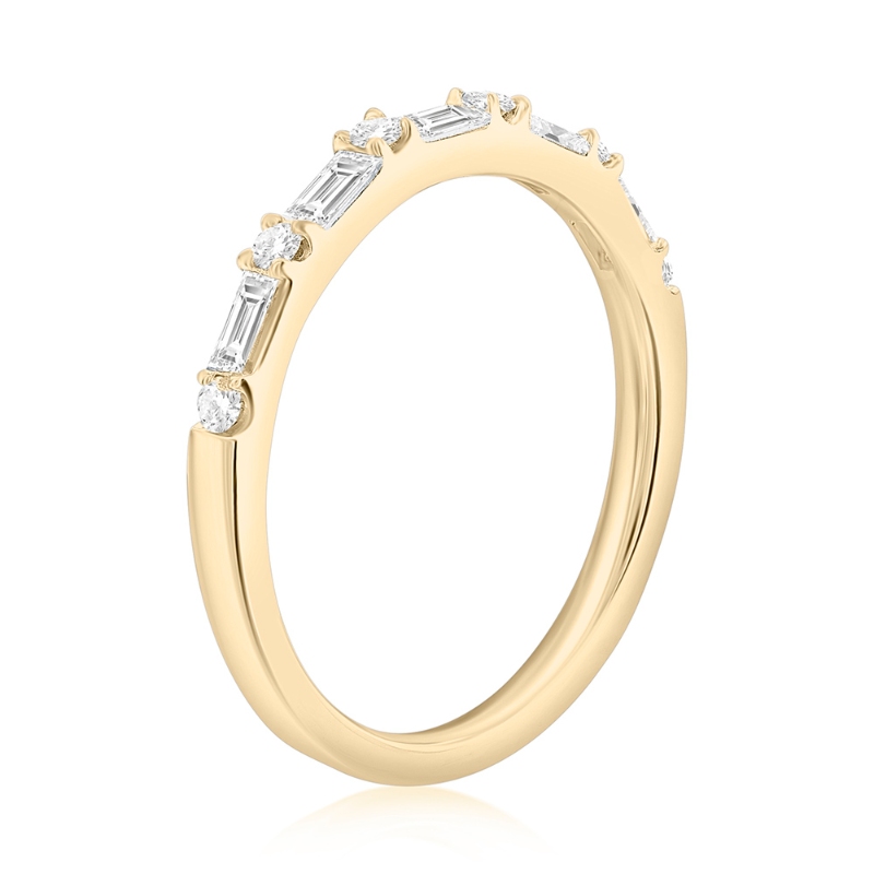 14K Yellow Gold Alternating Baguette and Round Diamond Band