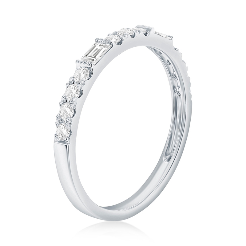 14K White Gold Baguette and Round Diamond Band