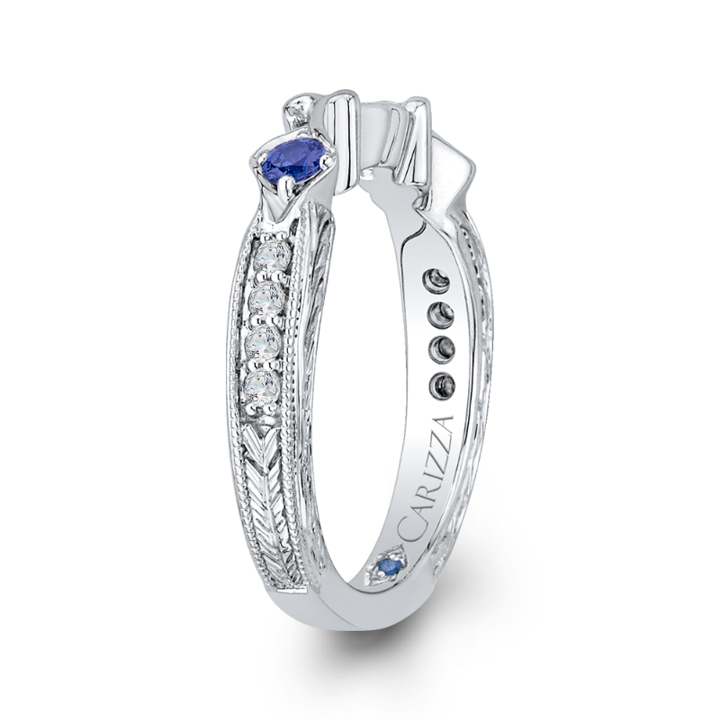 Round Diamond Wedding Band with Sapphire in 14K White Gold