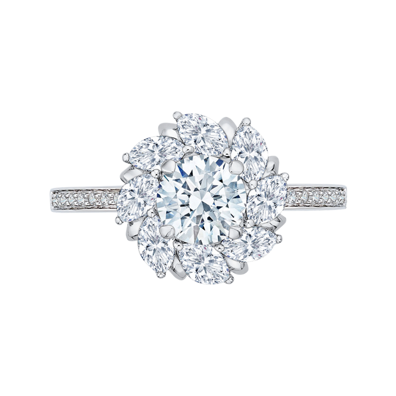 Round Diamond Floral Halo Engagement Ring in 14K White Gold (Semi-Mount)