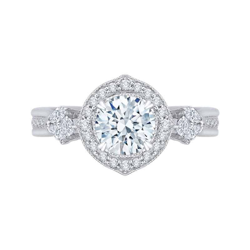 Round Diamond Floral Halo Engagement Ring in 14K White Gold (Semi-Mount)
