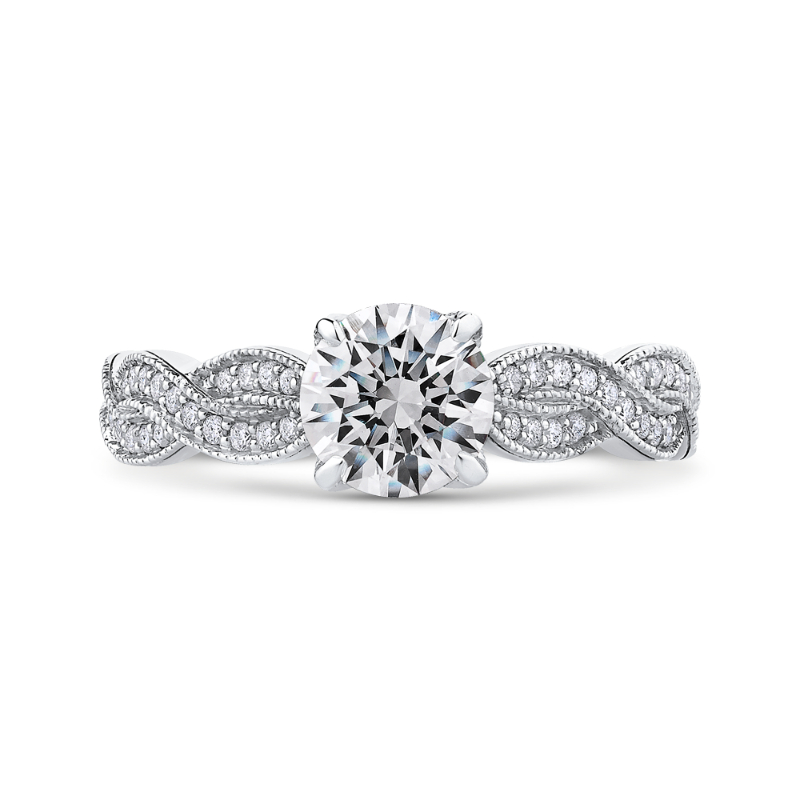 Round Diamond Floral Engagement Ring with Criss-Cross Shank in 14K White Gold (Semi-Mount)