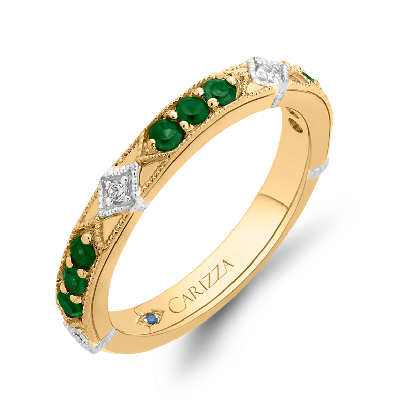 Round Diamond and Green Tsavorite Wedding Band in 14K Two Tone Gold