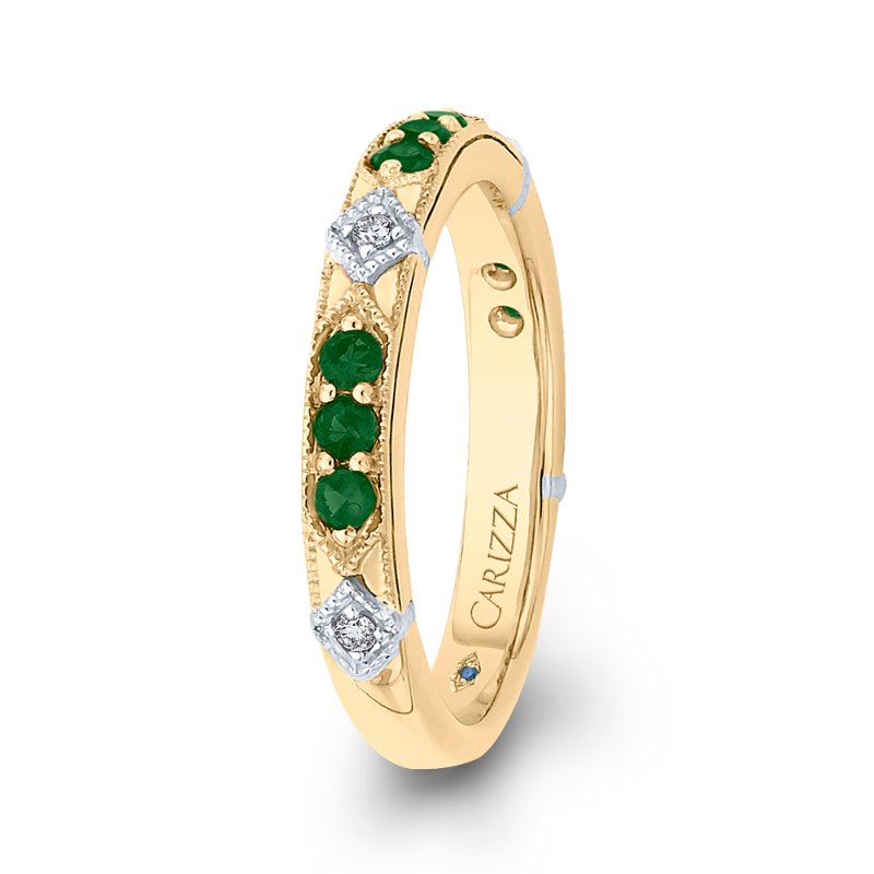 Round Diamond and Green Tsavorite Wedding Band in 14K Two Tone Gold