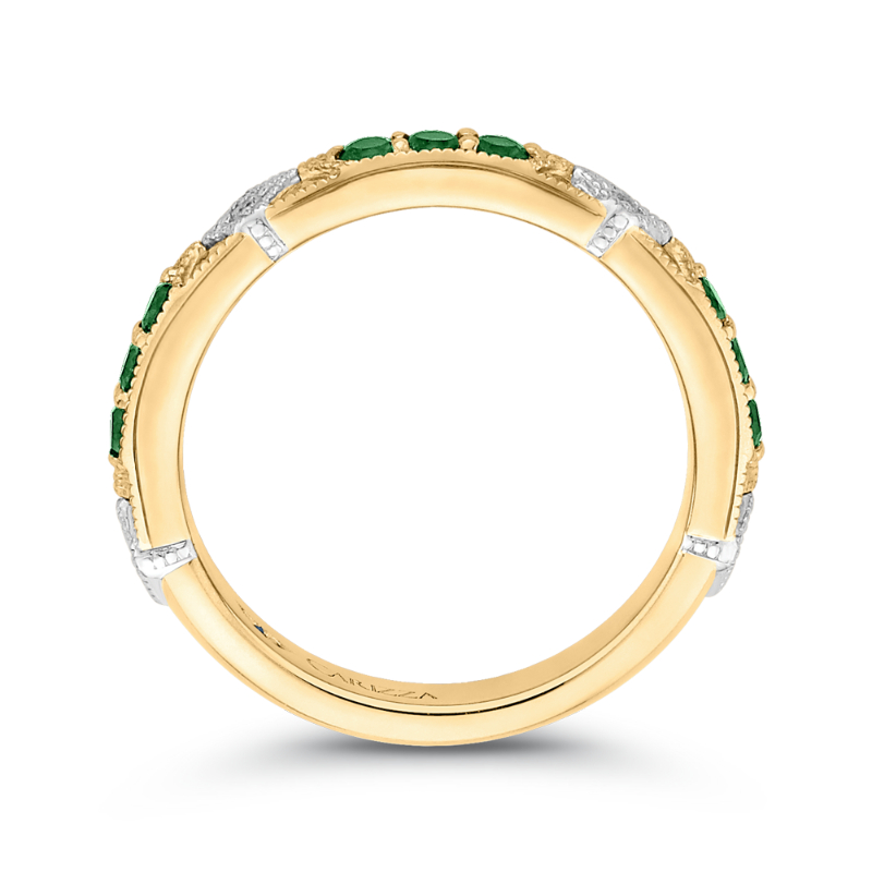 Round Diamond and Green Tsavorite Wedding Band in 14K Two Tone Gold