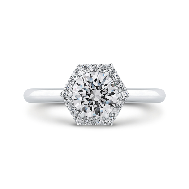 Round Diamond Hexagon Shape Halo Engagement Ring in 14K White Gold (Semi-Mount)
