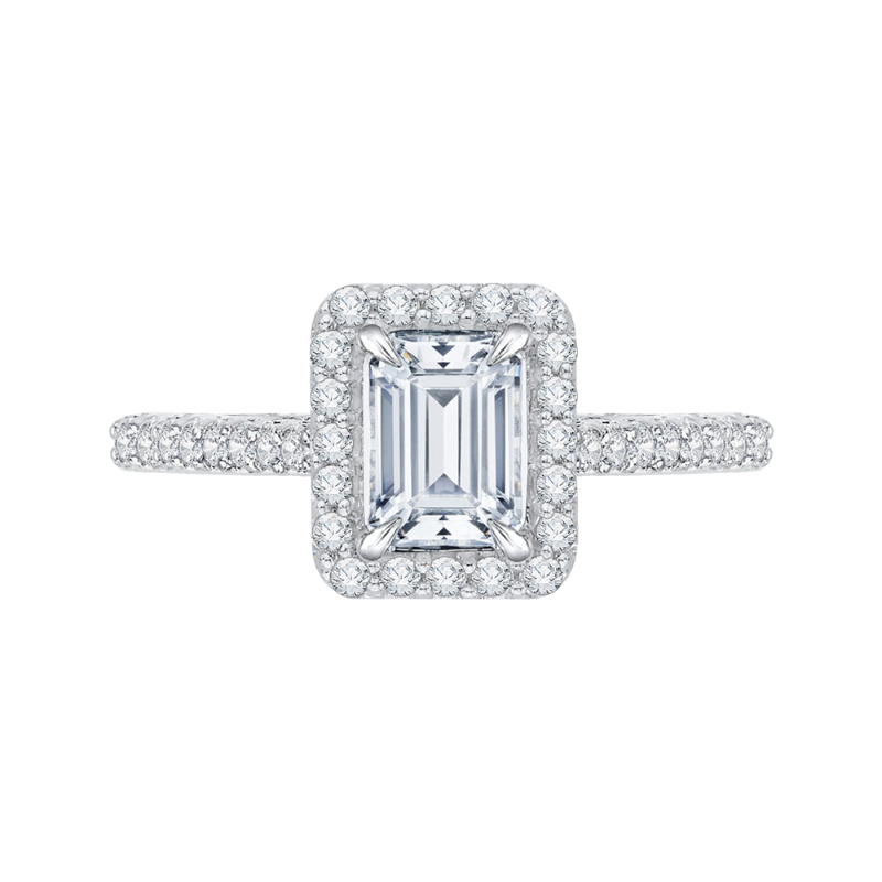 Emerald Cut Diamond Halo Engagement Ring with Band In 14K White Gold (Semi-Mount)
