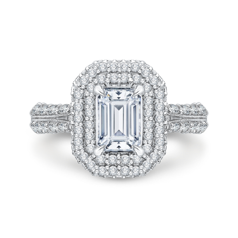Emerald Cut Split Shank Diamond Double Halo Engagement Ring in 14K White Gold (Semi-Mount)