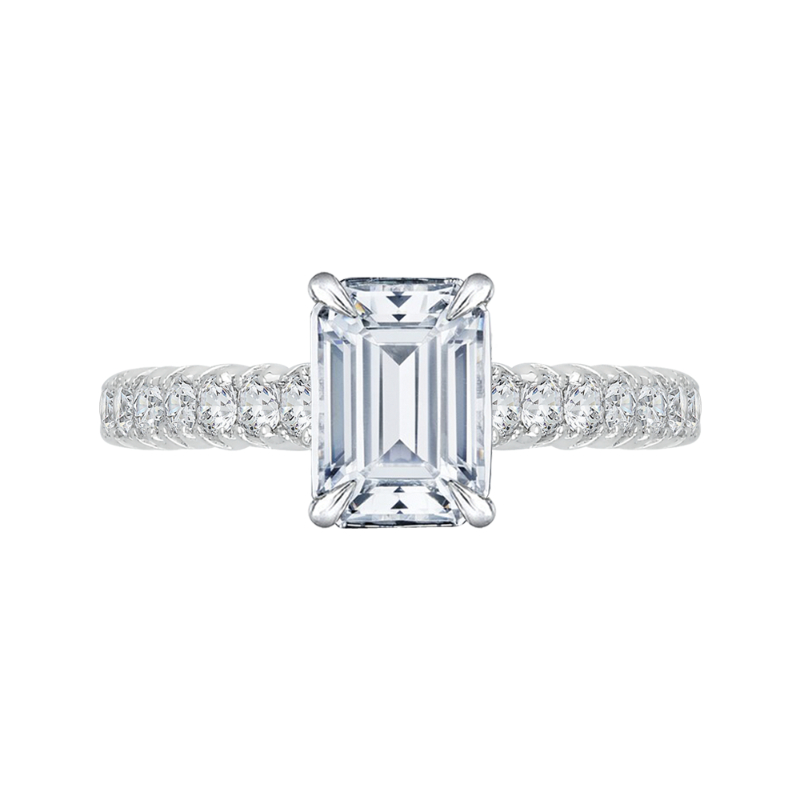 Emerald Cut Euro Shank Diamond Cathedral Style Engagement Ring in 14K White Gold (Semi-Mount)