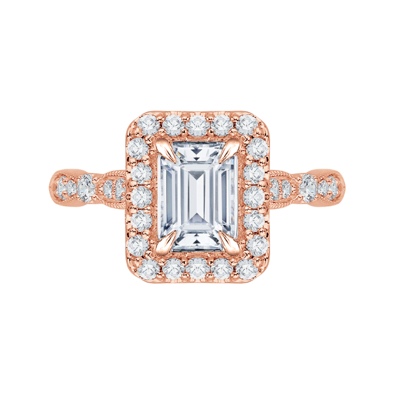 Emerald Cut Diamond Halo Vintage Engagement Ring in 14K Rose Gold (Semi-Mount)