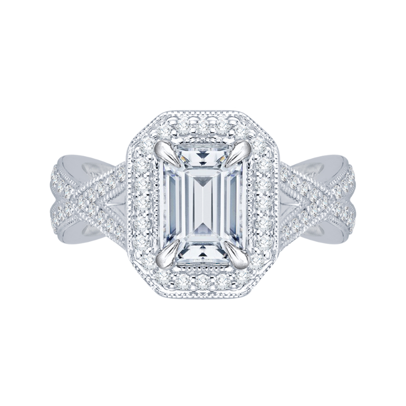 Split Shank Emerald Cut Diamond Halo Engagement Ring in 14K White Gold (Semi-Mount)