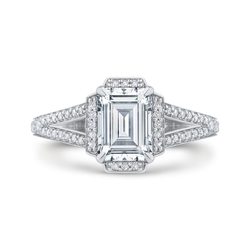 Split Shank Emerald Cut Diamond Cathedral Style Engagement Ring in 14K White Gold (Semi-Mount)