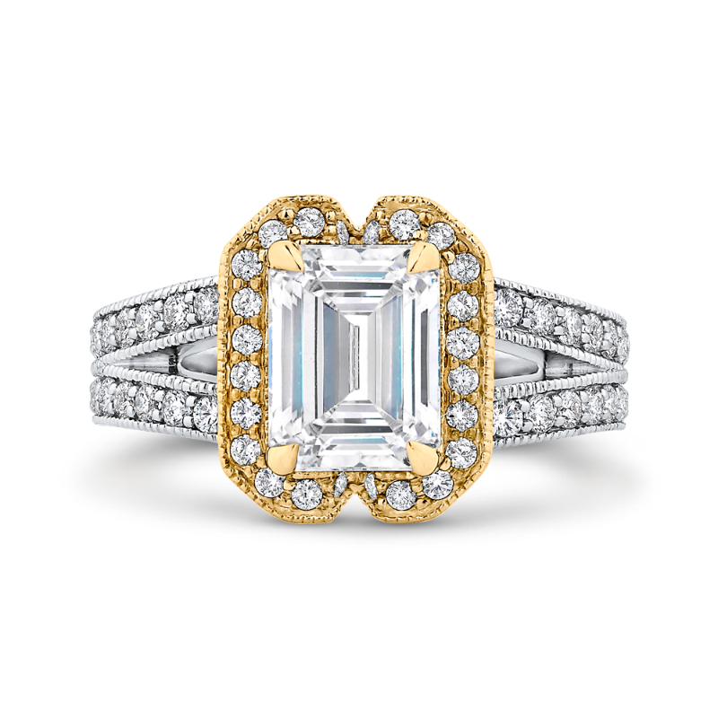 Split Shank Emerald Cut Diamond Engagement Ring in 14K Two Tone Gold (Semi-Mount)