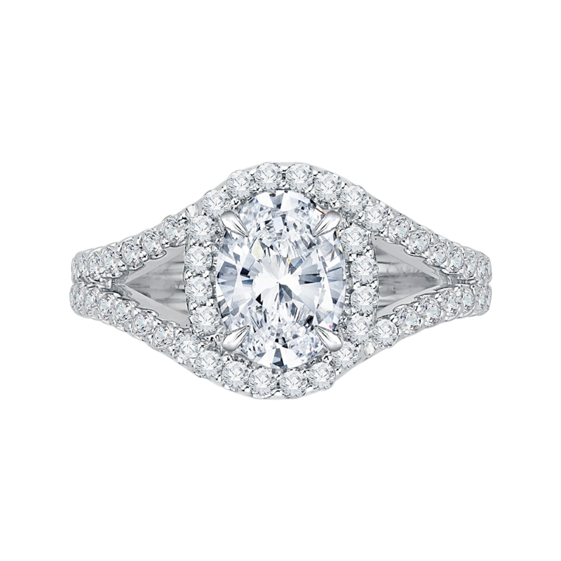 Split Shank Oval Shape Diamond Halo Engagement Ring in 14K White Gold (Semi-Mount)