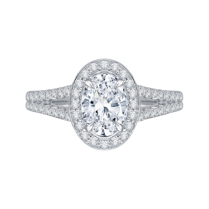 Split Shank Oval Cut Diamond Halo Engagement Ring in 14K White Gold (Semi-Mount)