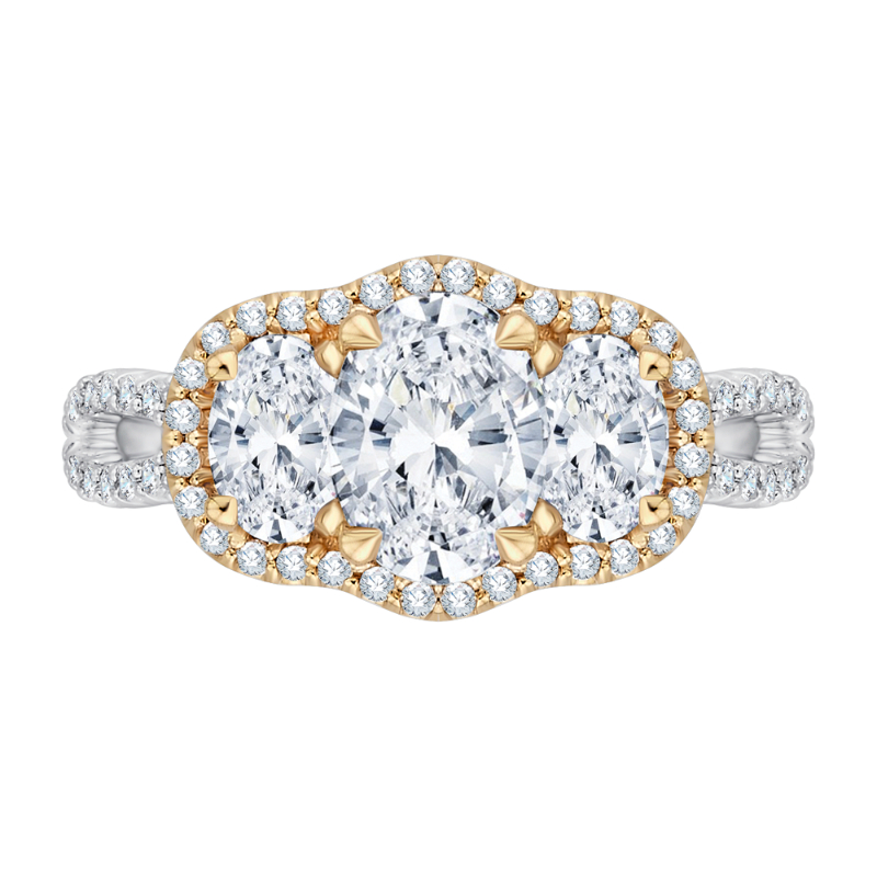 Oval Cut Diamond Three-Stone Halo Engagement Ring in 14K Two Tone Gold (Semi-Mount)